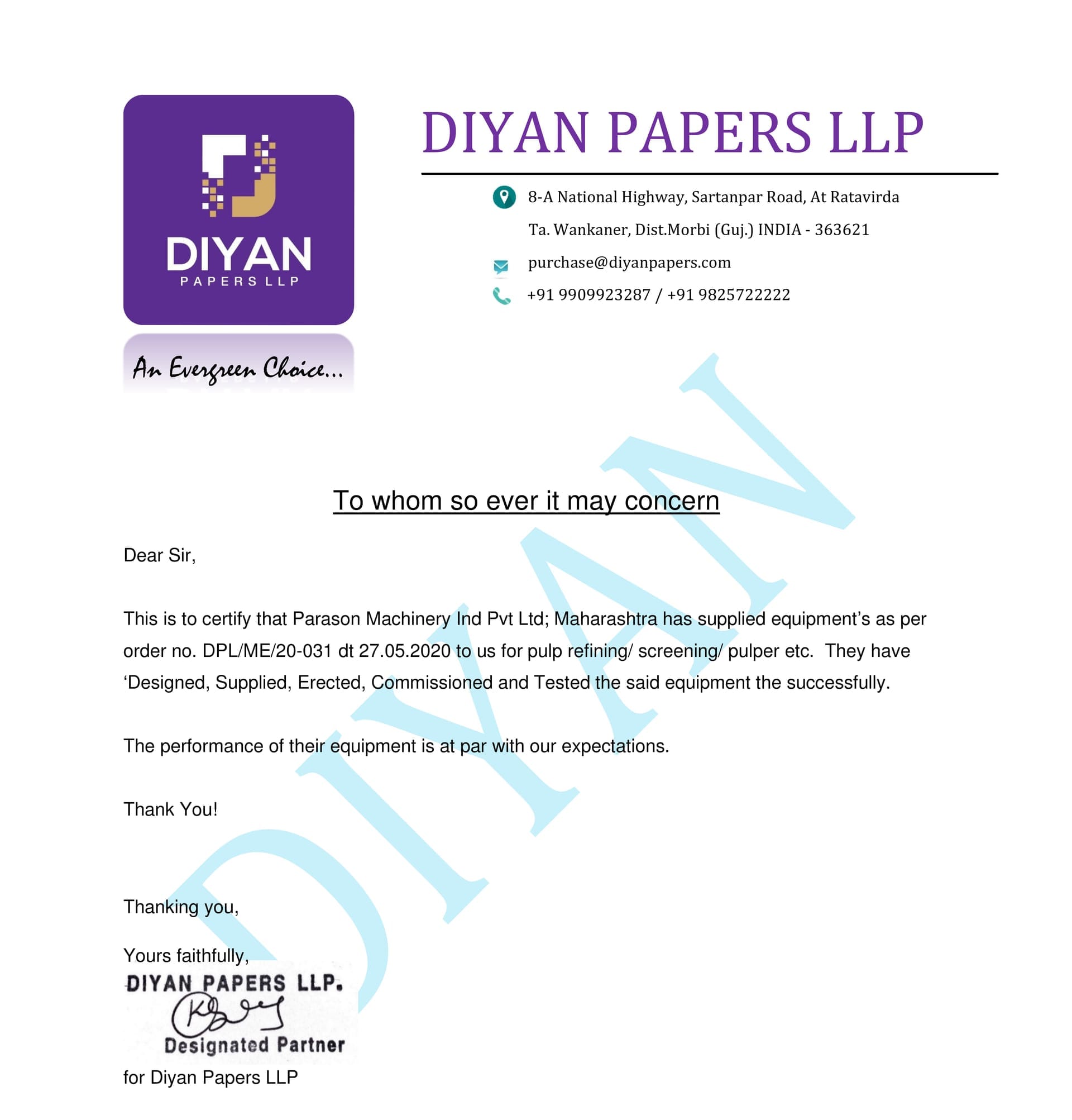 Diyan Papers LLP appreciation letter